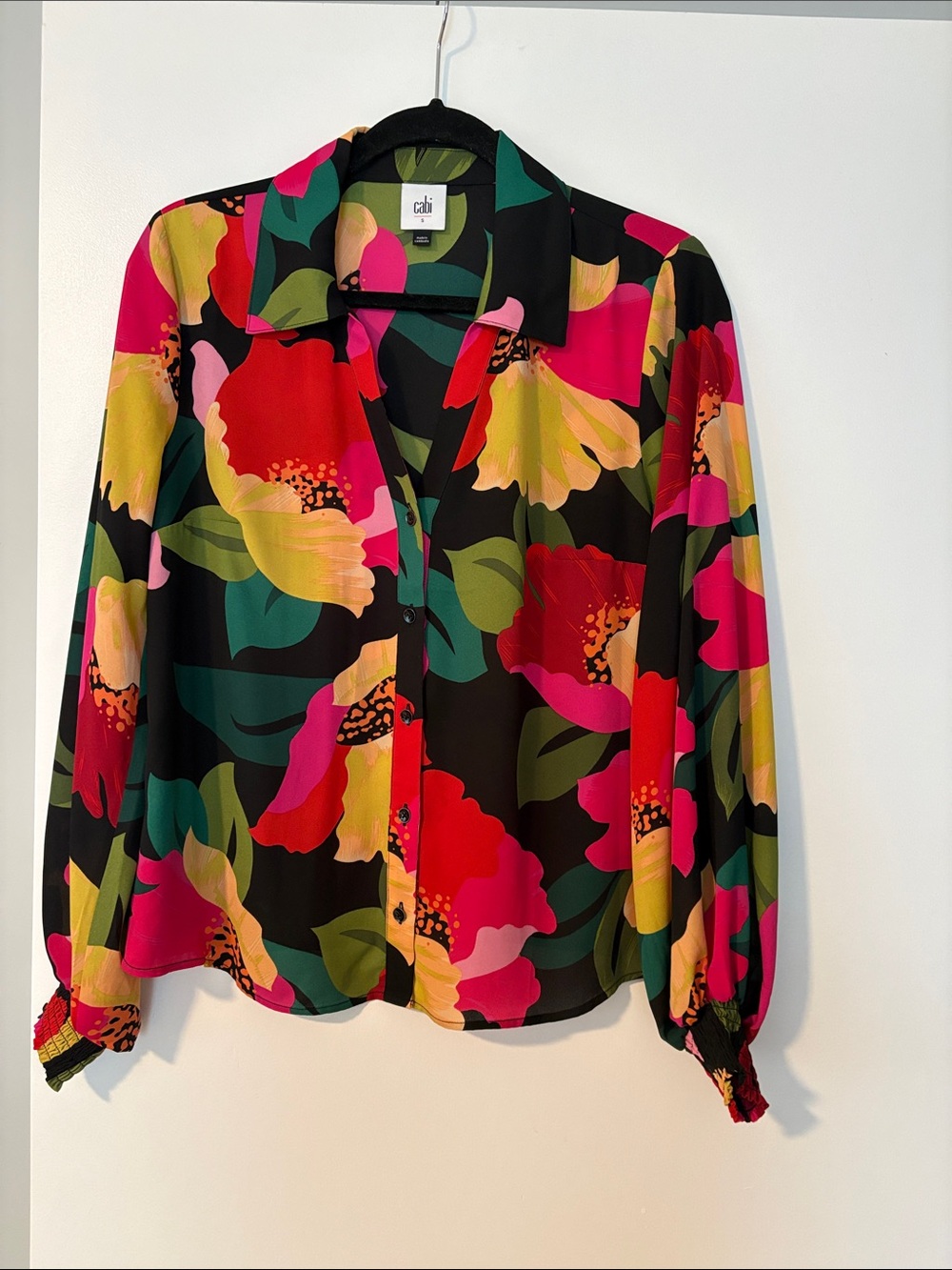 CAbi Bold Floral Button-Down Shirt in Black, Pink, Red, Yellow & Green